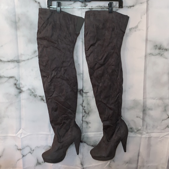 Size 8 Dark Grey Faux Suede Over The Knee Thigh High Boots Heels - Picture 5 of 12